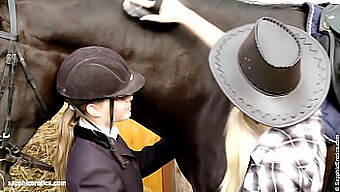 Lesbian Couple Indulges In Passionate Kisses And Licks At The Stables